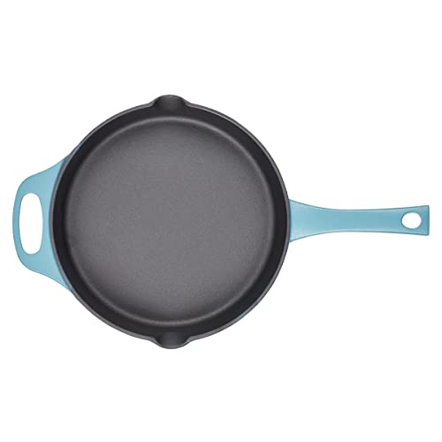 Rachael Ray NITRO Cast Iron Fryin Pan/Skillet with Helper Handle and Pour Spouts, 12 Inch - Agave Blue