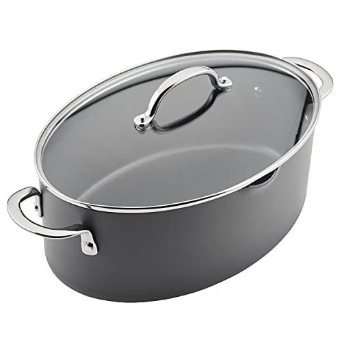Rachael Ray Cookware, Professional Hard Anodized Nonstick Cookware Oval Pasta Stockpot and Braiser, 8-Quart, Gray
