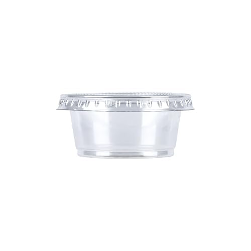 Amazon Basics Disposable Plastic To-Go Cups and Lids, Mini, 2oz, 50 Count, BPA Free, for Condiment, Salad Dressing, Sauces, Jello Shots