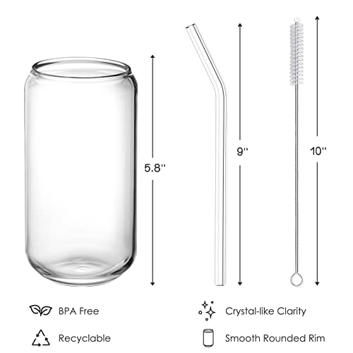 NETANY Drinking Glasses with Glass Straw 4pcs Set - 16oz Highball Glass Cups, Beer Glasses, Iced Coffee Glasses, Cute Tumbler Cup, Ideal for Whiskey, Soda, Tea, Water, Gift, 2 Brushes