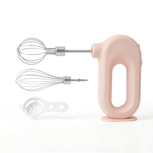 Wynboop Colorful Mini Cordless Hand Mixer, Self-Standing USB Rechargeable Handheld Egg Beater with 4 Speeds & 2 Whisks, Lightweight Portable Electric Whisk for Kitchen Baking and Cooking(Pink)