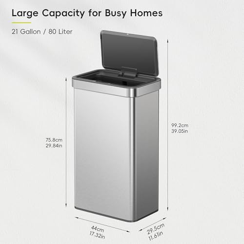 EKO Nova Sensor Trash Can, 21 Gallon/80 Liter Stainless Steel Rectangular Touchless Motion Sensor Trash Can, Matte Metallic