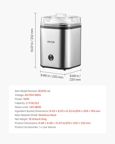 VEVOR Ice Cream Maker, 2.11 Qt. Large Capacity, Electric Automatic Ice-Cream Machine, with Easy Operation & Cleaning, Stainless Steel Shell, for Homemade Frozen Yogurt, Fruit Sorbet, Gelato, Silver