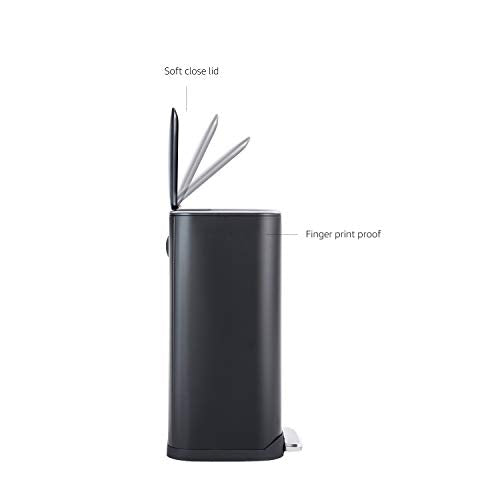 Amazon Basics Rectangular Metal Trash Can With Soft-Close Foot Pedal, Fingerprint Resistant, Removable Inner Bucket, 32 liter/8.5 gallon, Black, 14"L x 14"W x 25.3"H