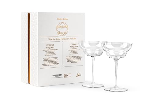 GLASSIQUE CADEAU Crystal Margarita Cocktail Glasses | Set of 2 | 9 oz | Elegant Long Stemmed Glassware for Drinking Daiquiri, Paloma, Frosé and Frozen Bar Drinks | Tall Fancy Barware with Thin Stem