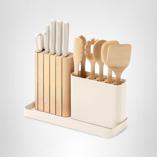 Caraway 14-Piece Kitchen Prep Set - Kitchen Knife Set & Wooden Utensil Set - Made With Premium German Steel Blades & FSC-Certified Birch Wood - Non-Toxic Materials - Includes Organizer - Cream