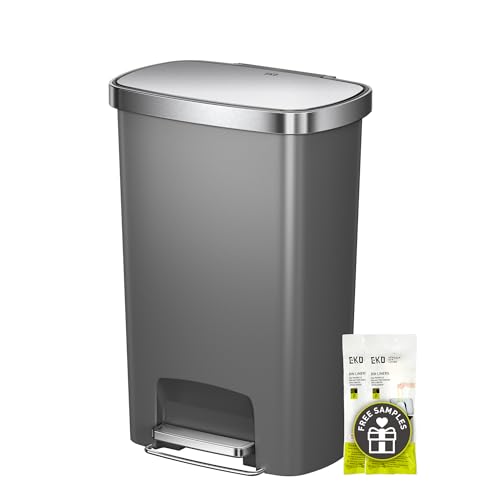 EKO Hana Select 13.2 Gallon / 50L Step Trash Can, Large Plastic Kitchen Trash Can with Stainless Steel Lid, Soft-Close & Stay-Open, Deodorizer Compartment, Wide Steel Pedal Garbage Can for Home, Grey