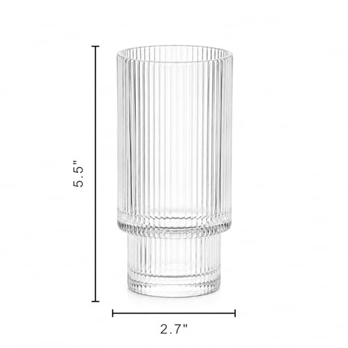Vintage Art Deco Crystal Highball Ribbed Glass Set of 4 - Ripple, Collins Glassware 14oz Classic Crystal Cocktail Glasses Perfect for Water, Champagne, Beer, Juice, Tom Cocktails - Barware Tumblers