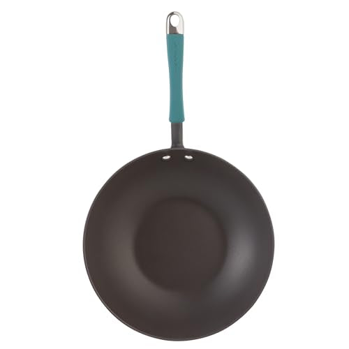 Rachael Ray Cucina Hard-Anodized Nonstick Covered Stir Fry Pan, 11-Inch, Gray, Agave Blue Handles