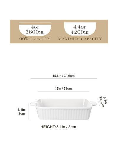 MALACASA 4.4 QT Baking Dish, 9x13 Large Casserole Dish for Oven, Ceramic Baking Pan, Rectangular Lasagna Pan Deep with Handles for Baking, Durable Microwave Oven Safe, Wedding Gift,White, Series BAKE-BAKE