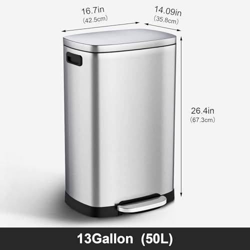 ELPHECO Kitchen Trash Can with Lid Soft Close,13 Gallon / 50L Stainless Steel Pedal Garbage Can, Heavy-Duty Fingerprint Proof Step Wastebasket with 20 Bags, Removable Bucket, Home Office, Silver
