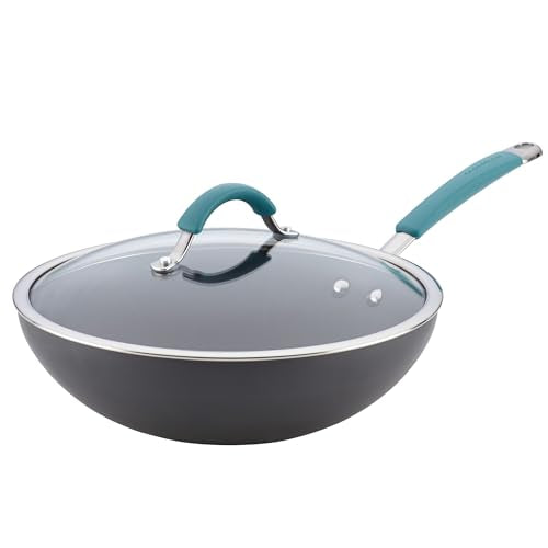 Rachael Ray Cucina Hard-Anodized Nonstick Covered Stir Fry Pan, 11-Inch, Gray, Agave Blue Handles