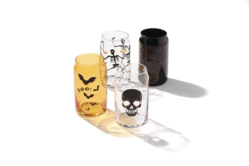 Oneida Barware, Vintro Halloween Can Cooler Glasses, Set of 4, Dishwasher Safe, Made of Glass, Spooky Drinking Glasses Set, Halloween Decor Indoor, Skeletons and Bats Design (4 Piece, 16 Oz Capacity)