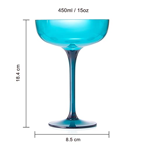 Plastic Acrylic Shatterproof Martini, Margarita, Champagne & Cocktail Unbreakable Glasses, Large Coupe Glasses 15oz, 6 Set, Tritan European Design Drinkware, BPA-free,Reusable, Pool, Indoor & Outdoor