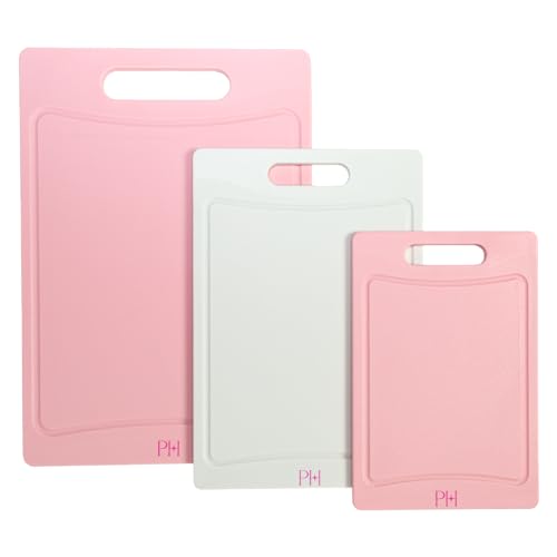 Paris Hilton Cutting Boards for Kitchen, Reversible Dual Sided Plastic Cutting Board Set with Juice Grooves, Easy Grip Handle, Heavy Duty and Made Without BPA, Dishwasher Safe, 3-Piece, Pink and Cream