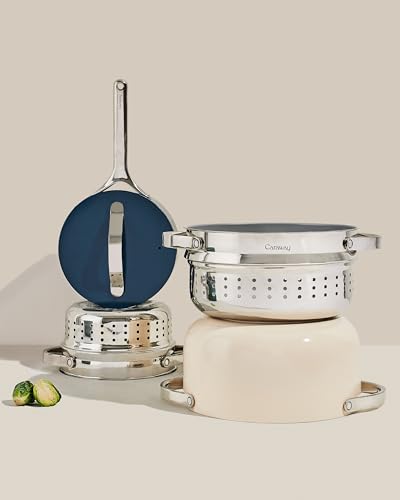 Caraway Nonstick 3 Qt Ceramic Sauce Pan with Lid & Steamer - Non Toxic, PTFE & PFOA Free - Oven Safe & Compatible with All Stovetops (Gas, Electric & Induction) - Sage