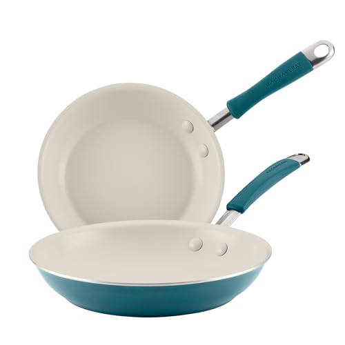Rachael Ray Cucina Ceramic Nonstick Frying Pans/Skillet Set, Dishwasher Safe, 8.5 inch and 10 inch Open Fry Pans, Marine