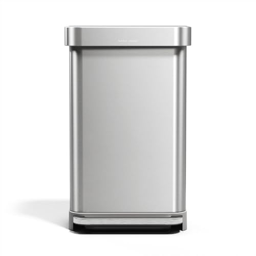 simplehuman Rectangular Step Can, 45L / 12 Gallon Kitchen Trash Can, Liner Rim System, Liner Pocket®, 150,000-Step Pedal, Lid Shox® Silent Close, Brushed Stainless Steel with Grey Plastic Lid