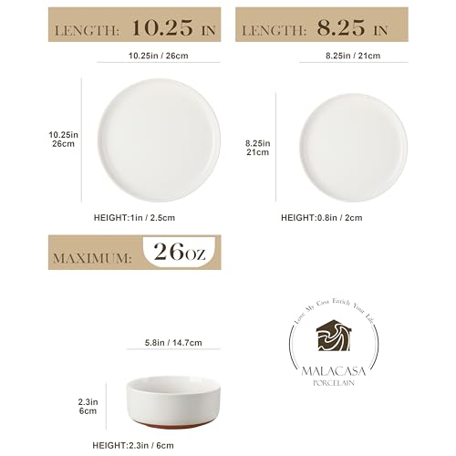 MALACASA Plates and Bowls Sets, 12 Pieces Modern Stoneware Dinnerware Set for 4 Kitchen Dinner Set Ceramic Dishware Dishes Set Microwave and Dishwasher Safe, White, Series TARA