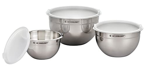 Le Creuset Set of 3 Nested Mixing Bowls w/Nonslip Silicone Base & Plastic Air Tight Lids