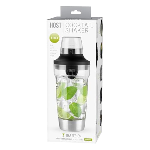Host All in One Cocktail Shaker Set with Measurements, Reamer, Bottle Opener, Strainer and Jigger for Cold Brew Cocktails, Home Bar, Bartending, Camping, Picnic, Outdoor Party, On the Go, 18 oz