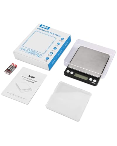 AMIR Digital Kitchen Scale, 500g/0.01g Mini Pocket Jewelry Scale, Cooking Food Scale with Backlit LCD Display, 2 Trays, 6 Units, Auto Off, Tare, PCS Function, Stainless Steel, Battery Included, Black