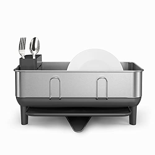 simplehuman Steel Frame Dishrack, Compact Dish Drying Rack for Small Kitchens, 360º Easy Drain Swivel Spout, Anti-Residue Coating, Moisture Control Surface, Brushed Stainless Steel