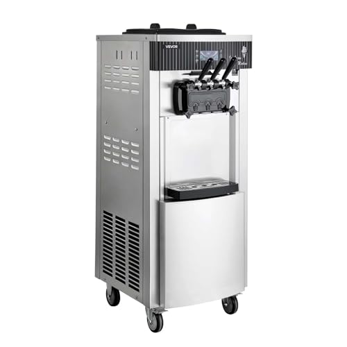 VEVOR Commercial Ice Cream Machine, 20-28L/H Yield, 2200W 3-Flavor Freestanding Soft Serve Ice Cream Maker with 2 x 6L Hoppers & Hopper Agitation, Pre-Cooling Self-Cleaning for Snack Dessert Shops