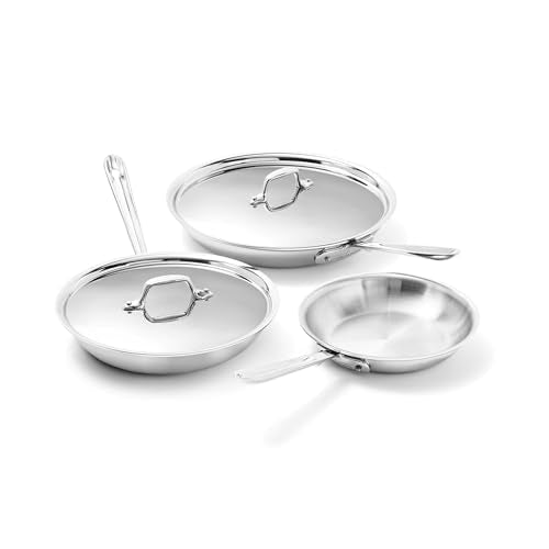 All-Clad D3 Stainless Steel 5 Piece Frypan Set- Made in USA- Includes 8", 10" and 12" Frying Pans With Lid - Professional