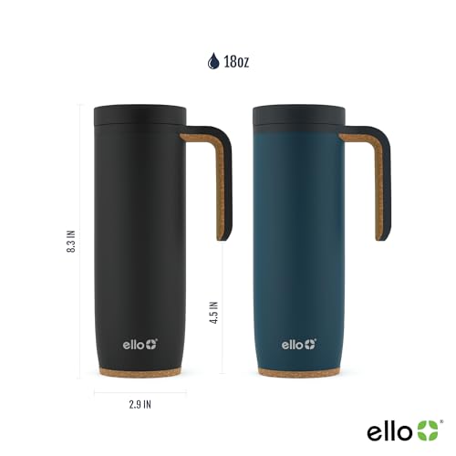 Ello Magnet 18oz Stainless Steel Travel Mug with Handle and Leak Proof Lid | Vacuum Insulated Coffee Cup Keeps Drinks Hot for 5 Hours | BPA Free Tumbler with Built In Coaster, Matte Black