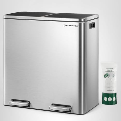 SONGMICS Trash Can, 2 x 8 Gallon (2 x 30 L) Garbage Can for Kitchen, with 15 Trash Bags, 2 Compartments, Plastic Inner Buckets and Hinged Lids, Airtight, Silver and Black ULTB60NL