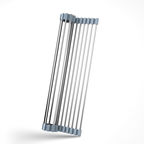 TlaroRiz 16.93 ×12.91 Inch Sink Drying Rack Roll Up, Silicone Wrapped 304 Square Stainless Steel Over the Sink Dish Drying Rack Counter Kitchen Home RV Essentials Foldable Sink Organizer,Grey