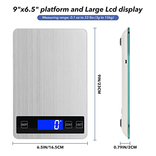33lb Food Kitchen Digital Scale,1g/0.05oz Precise Graduation, USB Charging Kitchen Scale, Waterproof Stainless Steel with LCD Display, Ounces and Grams for Weight Loss, Cooking, Baking (Silvery) - My Kitchen Products