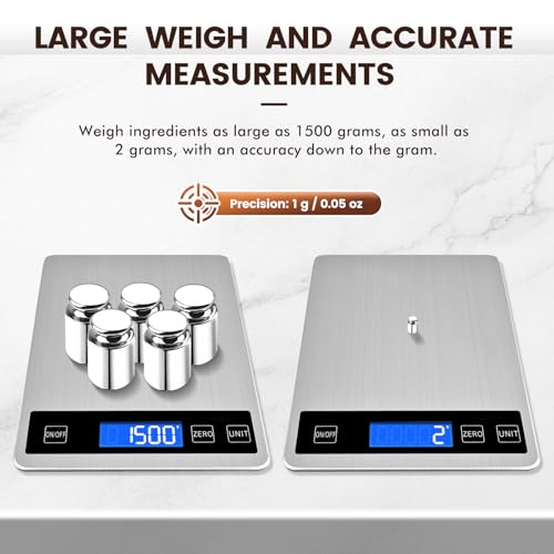 33lb Food Scale, Digital Kitchen Scale Batteries and USB Charging,1g/0.05oz Precise Graduation, Waterproof Stainless Steel with LCD Display Weight Grams and oz for Cooking Baking (Stainless Steel) - My Kitchen Products