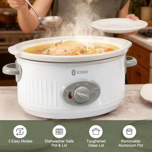 3.5 Quart Slow Cooker with 3 Heat Settings, Non-Stick and Dishwasher Safe, Removable Ceramic Pot Tempered Glass Lid, Cool Touch Handles for Entrees, Soups, Stews, Ivory White - My Kitchen Products