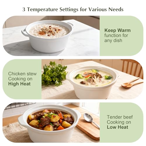 3.5 Quart Slow Cooker with 3 Heat Settings, Non-Stick and Dishwasher Safe, Removable Ceramic Pot Tempered Glass Lid, Cool Touch Handles for Entrees, Soups, Stews, Ivory White - My Kitchen Products