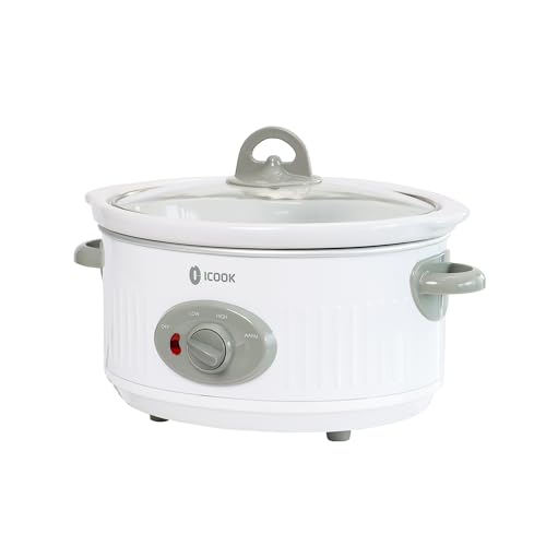 3.5 Quart Slow Cooker with 3 Heat Settings, Non-Stick and Dishwasher Safe, Removable Ceramic Pot Tempered Glass Lid, Cool Touch Handles for Entrees, Soups, Stews, Ivory White - My Kitchen Products
