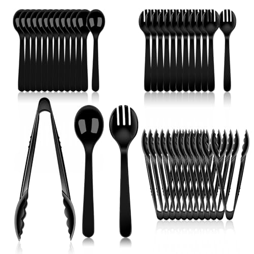 36 PCS Disposable Serving Utensils for Party - 12 Set Including Black Plastic Spoons, Tongs and Forks