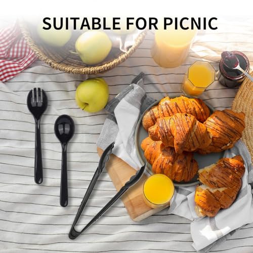 36 PCS Disposable Serving Utensils for Party - 12 Set Including Black Plastic Spoons, Tongs and Forks - My Kitchen Products