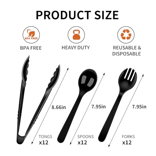 36 PCS Disposable Serving Utensils for Party - 12 Set Including Black Plastic Spoons, Tongs and Forks - My Kitchen Products