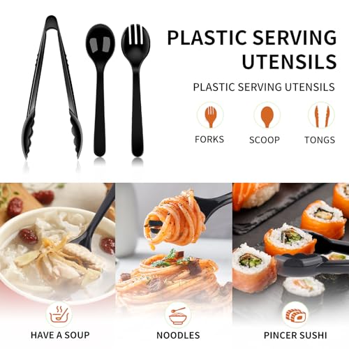 36 PCS Disposable Serving Utensils for Party - 12 Set Including Black Plastic Spoons, Tongs and Forks - My Kitchen Products