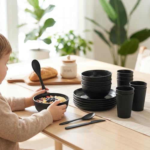 36 Pcs Wheat Straw Dinnerware Set,Dinnerware Sets for 6,Large Round Plates, Bowls and Cups, Unbreakable dish set, Dishwasher and Microwave Safe, Outdoor Camping Dishes (Black) - My Kitchen Products