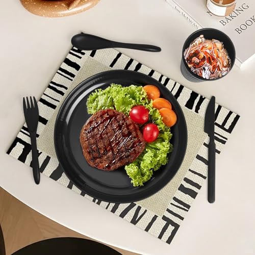 36 Pcs Wheat Straw Dinnerware Set,Dinnerware Sets for 6,Large Round Plates, Bowls and Cups, Unbreakable dish set, Dishwasher and Microwave Safe, Outdoor Camping Dishes (Black) - My Kitchen Products