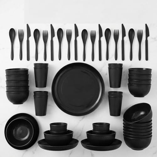 36 Pcs Wheat Straw Dinnerware Set,Dinnerware Sets for 6,Large Round Plates, Bowls and Cups, Unbreakable dish set, Dishwasher and Microwave Safe, Outdoor Camping Dishes (Black) - My Kitchen Products