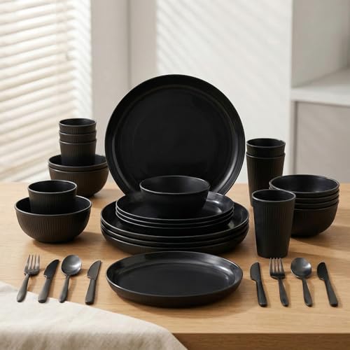 36 Pcs Wheat Straw Dinnerware Set,Dinnerware Sets for 6,Large Round Plates, Bowls and Cups, Unbreakable dish set, Dishwasher and Microwave Safe, Outdoor Camping Dishes (Black) - My Kitchen Products