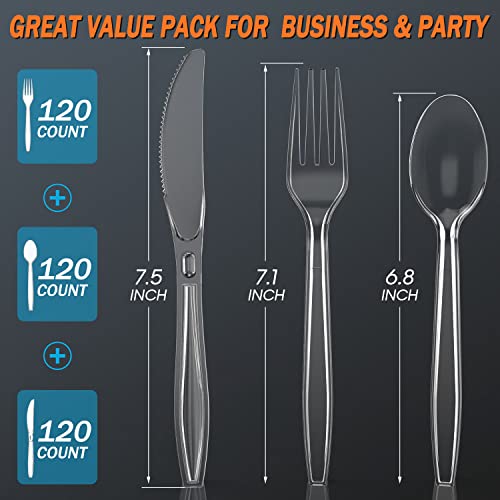 360 Count Plastic Silver Ware Heavy Duty, 120 Forks, 120 Spoons, 120 Knives, Heat Resistant & BPA Free Disposable SilverWare, Disposable Cutlery set, Premium Clear Utencils for Party Supply - My Kitchen Products