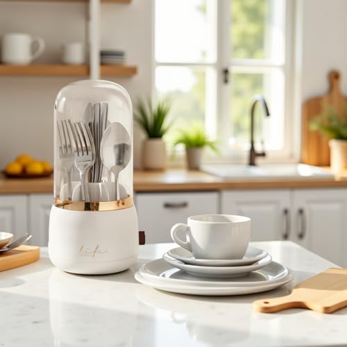 360° Rotating Silverware Organizer with Lid - 7 Slot Spoon Fork Utensil Holder for Kitchen Counter, Party Caddy with Drainage - My Kitchen Products