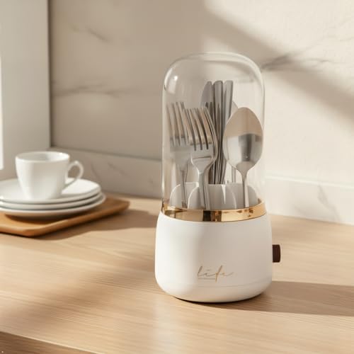 360° Rotating Silverware Organizer with Lid - 7 Slot Spoon Fork Utensil Holder for Kitchen Counter, Party Caddy with Drainage - My Kitchen Products