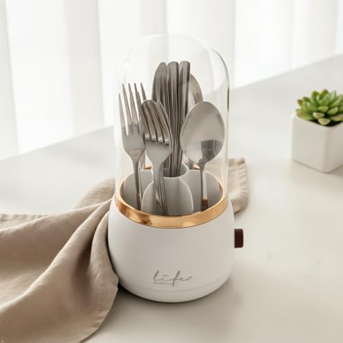 360° Rotating Silverware Organizer with Lid - 7 Slot Spoon Fork Utensil Holder for Kitchen Counter, Party Caddy with Drainage - My Kitchen Products