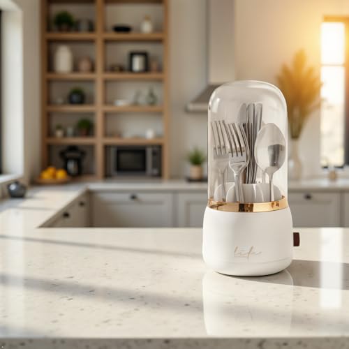 360° Rotating Silverware Organizer with Lid - 7 Slot Spoon Fork Utensil Holder for Kitchen Counter, Party Caddy with Drainage - My Kitchen Products
